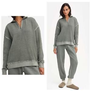 Mate The Label Organic Waffle Collared Half-Zip Sweatshirt Size Small
